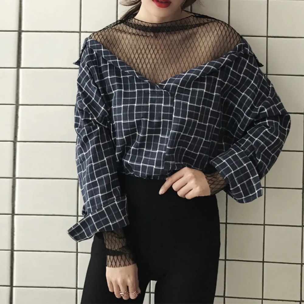 Plaid off the shoulder blouse.